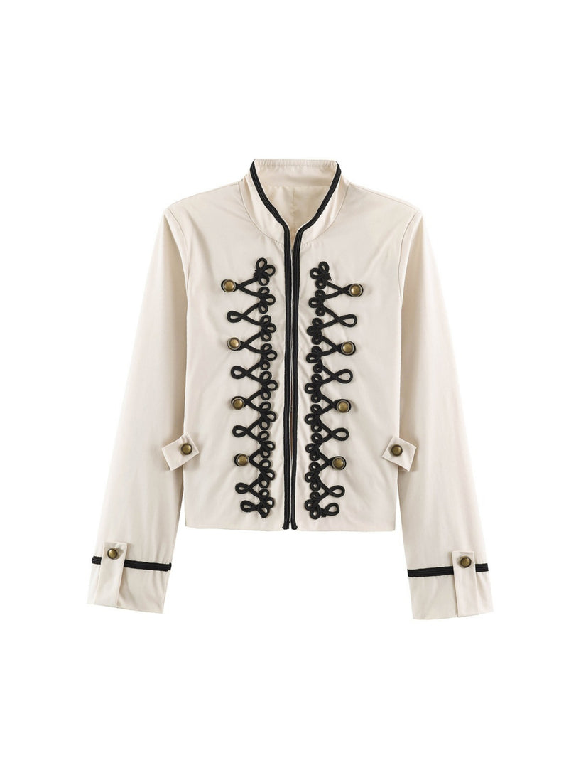 Casual Stand Collar Jacket Twisted Knot Floral Sleeve N6H123