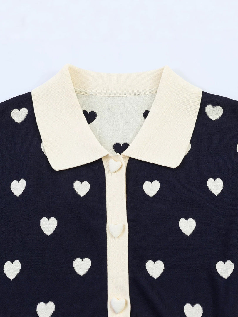 Sweet Heart Jacquard Knit Polo Cardigan Women Fashion N6G159