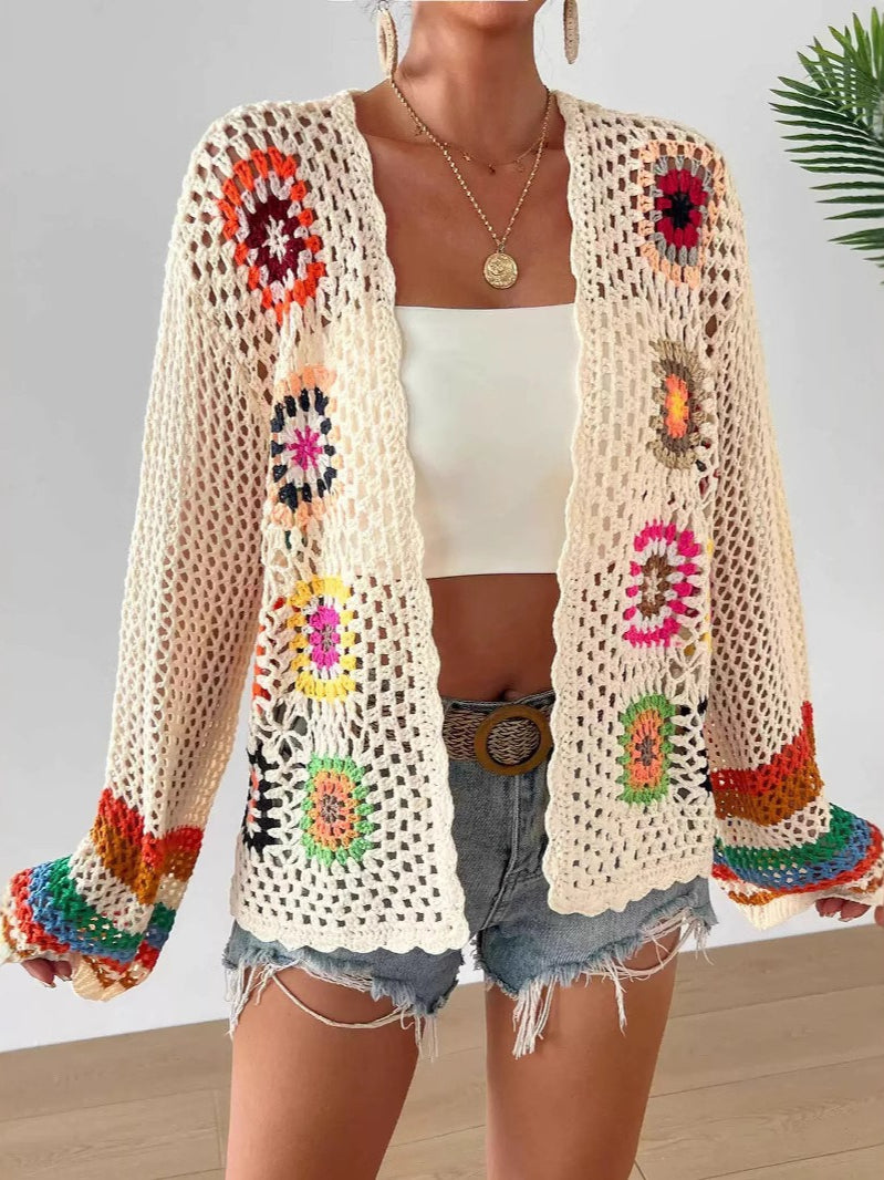 Hand Crochet Random Color Block Cardigan Sweater  N6E097