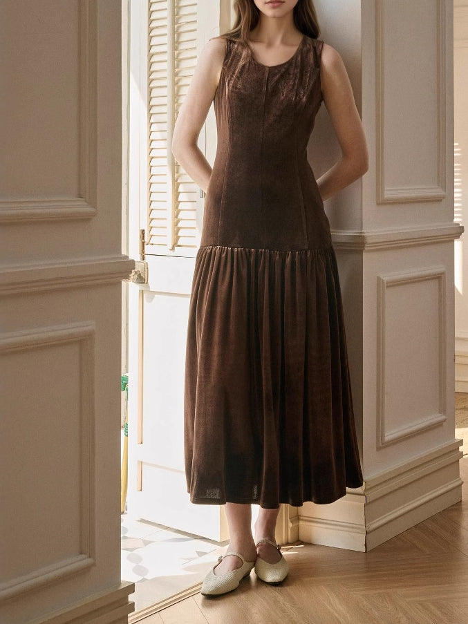 Velvet A Line Maxi Dress Sleeveless Heavyweight Mocha N5Z619