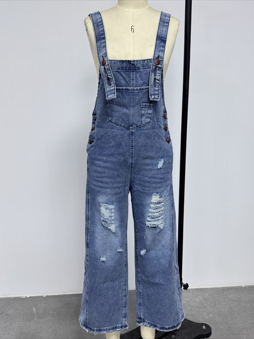 Vintage Distressed Wide Leg Denim Overalls Women N6D150