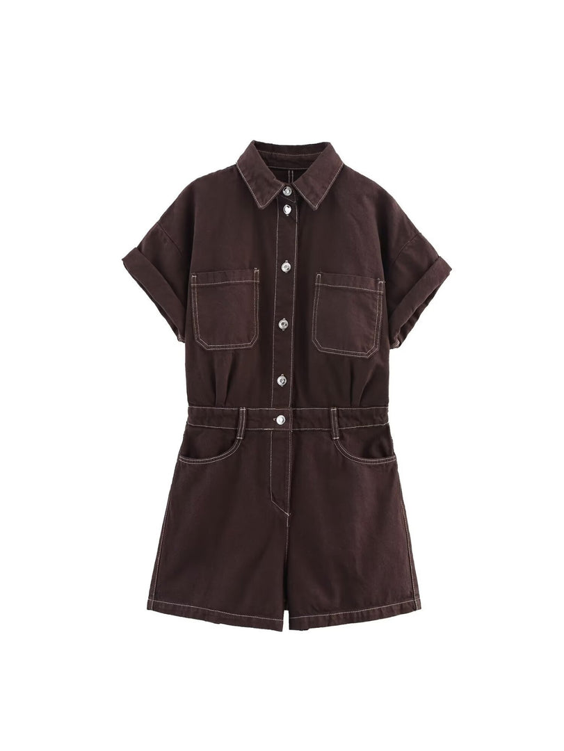 Pocket Detail Denim Short Jumpsuit Women Casual N6F213