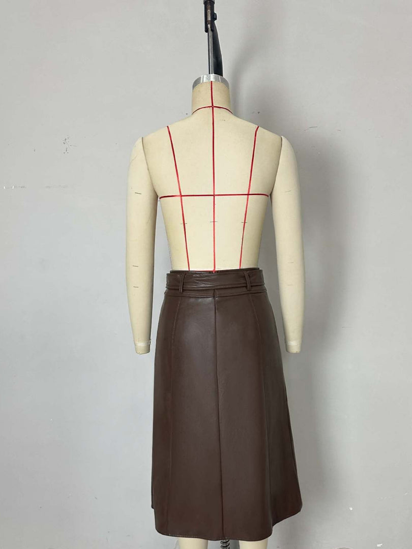 High Waist Bow Belt Leather Skirt A Line N6B090