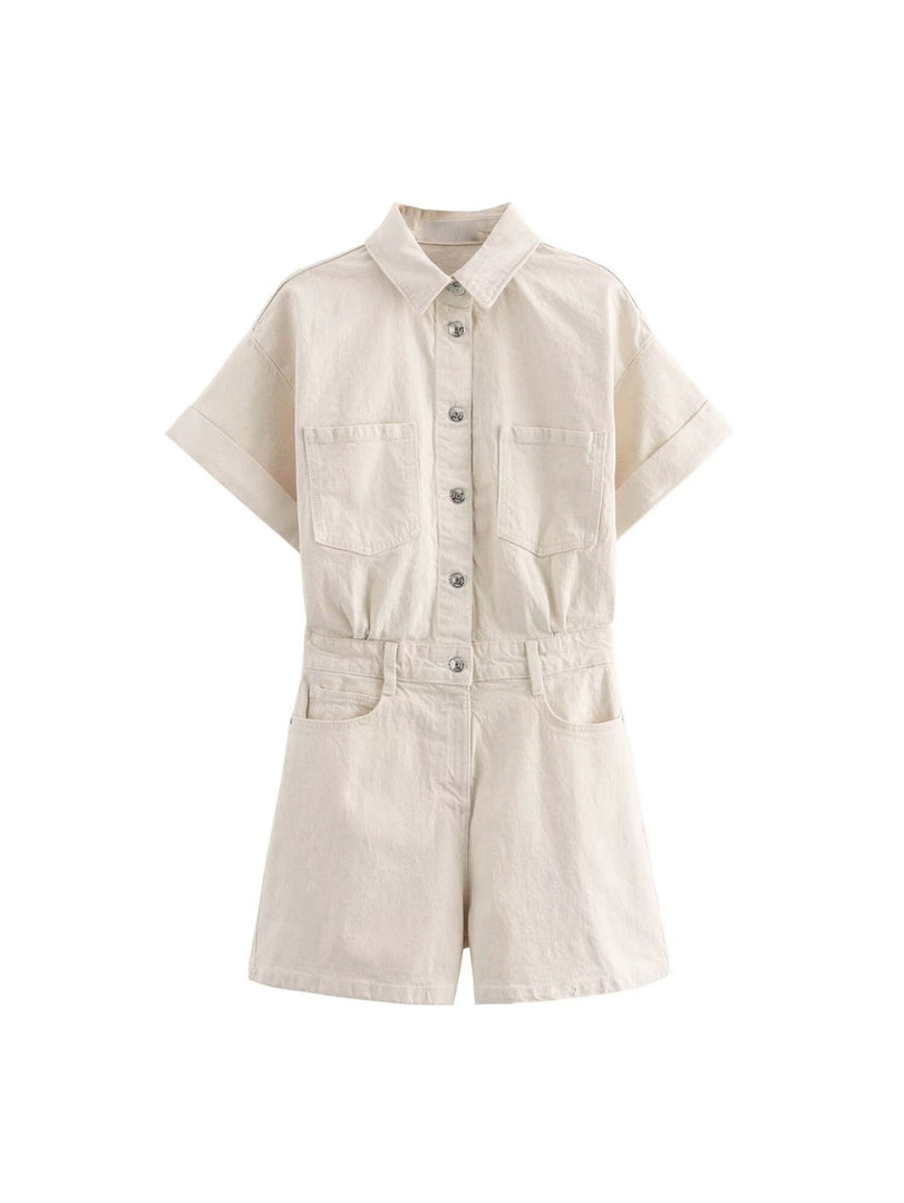 Pocket Detail Denim Short Jumpsuit Women Casual N6F213