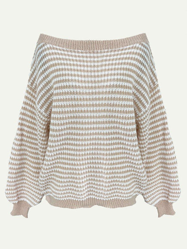 Off-Shoulder Striped Knit Pullover Women Loose Fit N6G299