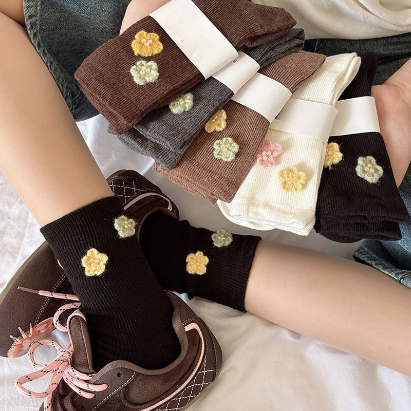 Pearl Flower Fresh Mid-Calf Socks Women Soft Cotton N6H037