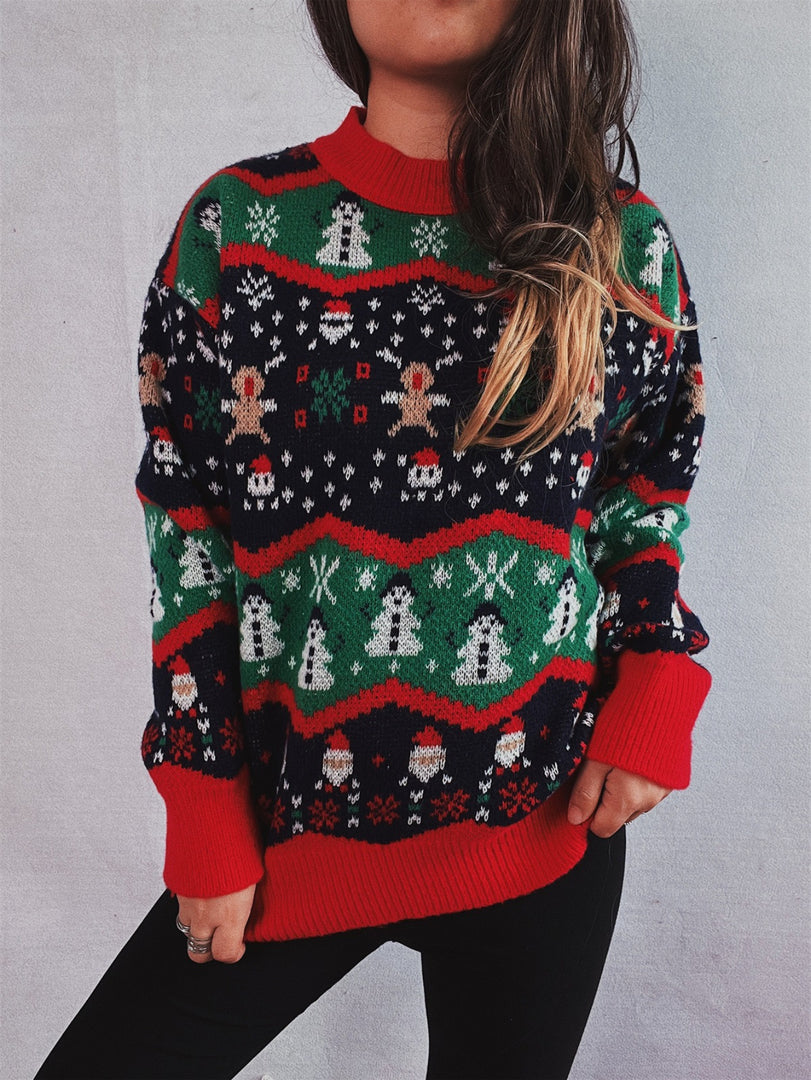 Fair Isle Santa Sweater Women Loose Christmas Knit N6H279