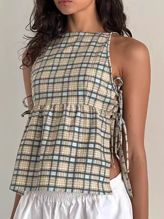 Tie-Waist Checkered Tube Top Women N6D070