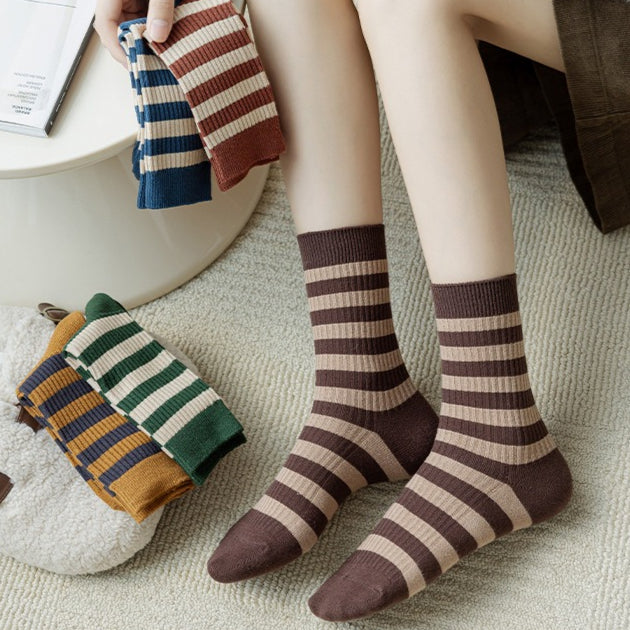 Color Block Striped Crew Socks Women One Size  N6H001