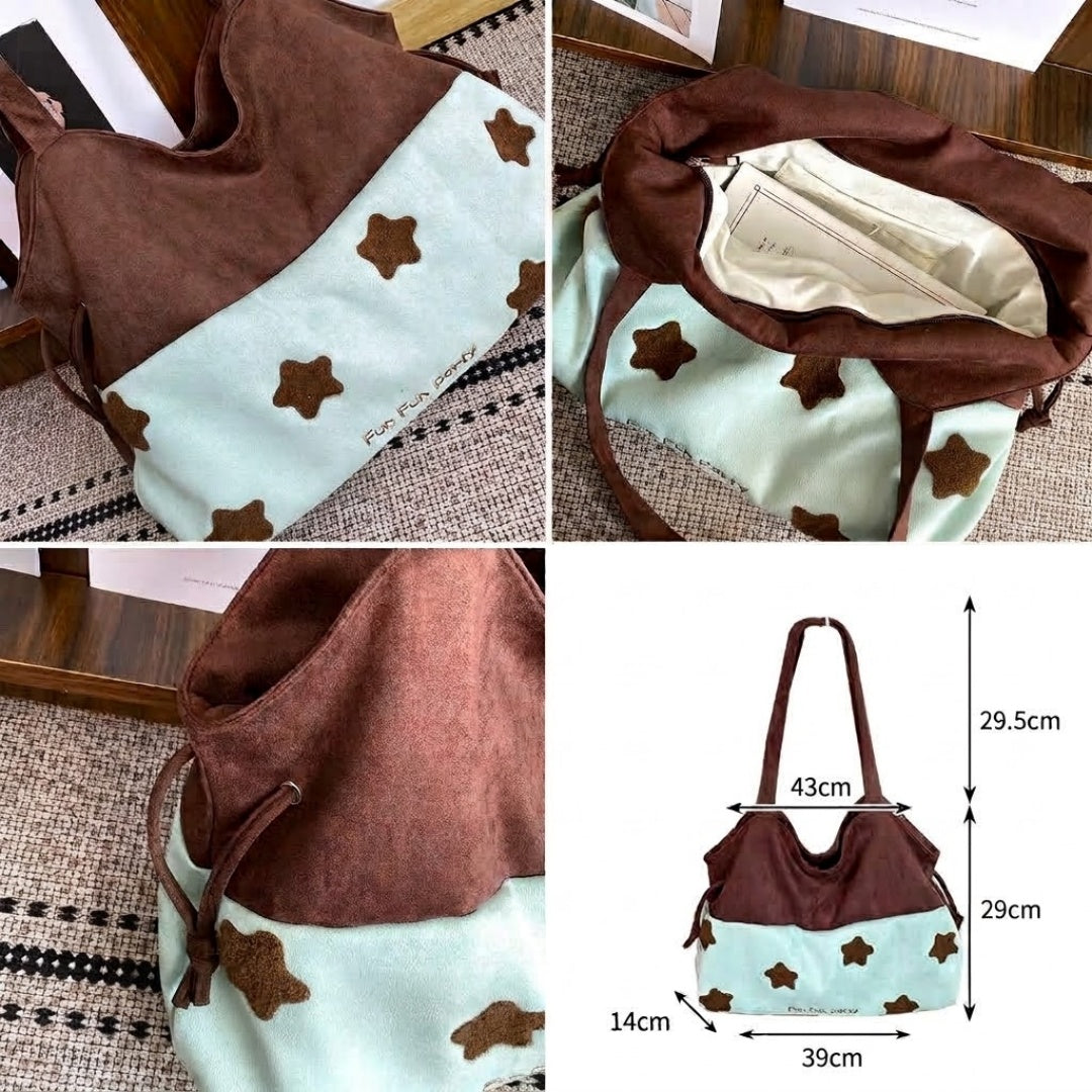 Women's Suede-Feel Color-Block Star Embroidered Tote Bag N6J211