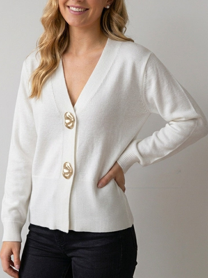 Solid V-Neck Long Sleeve Cardigan Women N6G183