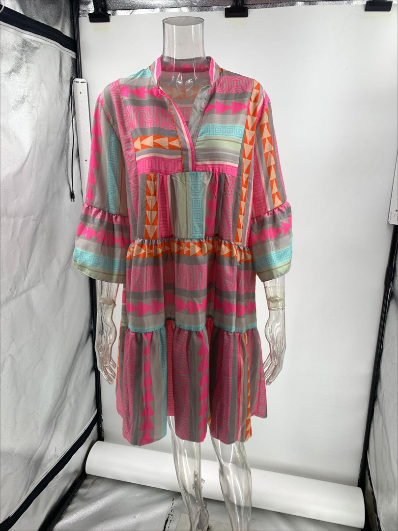 Printed V-Neck 3/4 Sleeve Dress Women N6D069