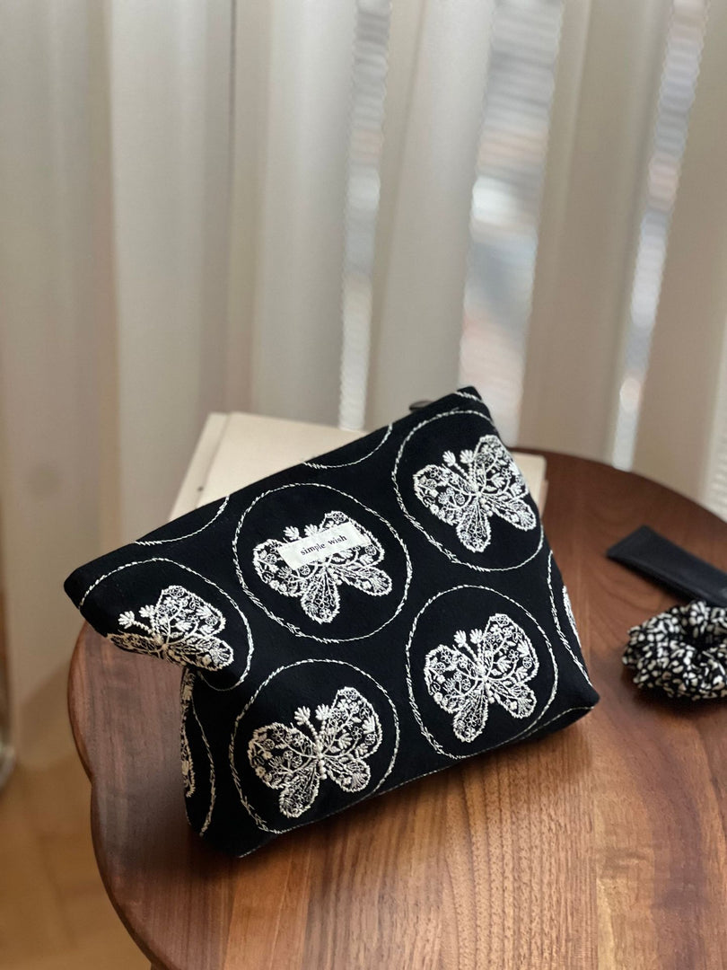 Black Canvas Zipper Pouch Embroidered Detailing  S5P365