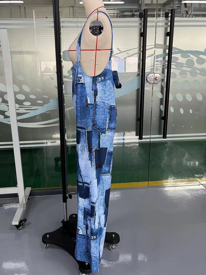 Blue Irregular Patchwork Print Bloomer Jumpsuit N6C201