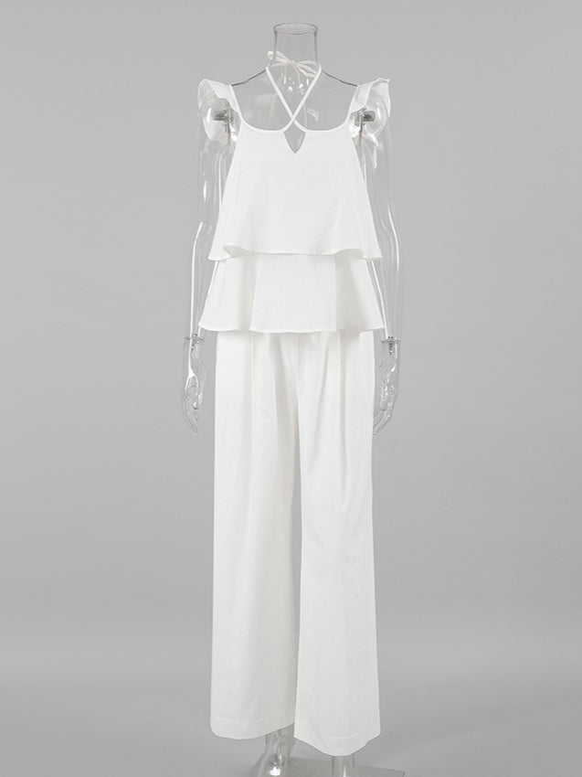 White Linen Flutter Sleeve Top and Wide Leg Pants Set N6D111