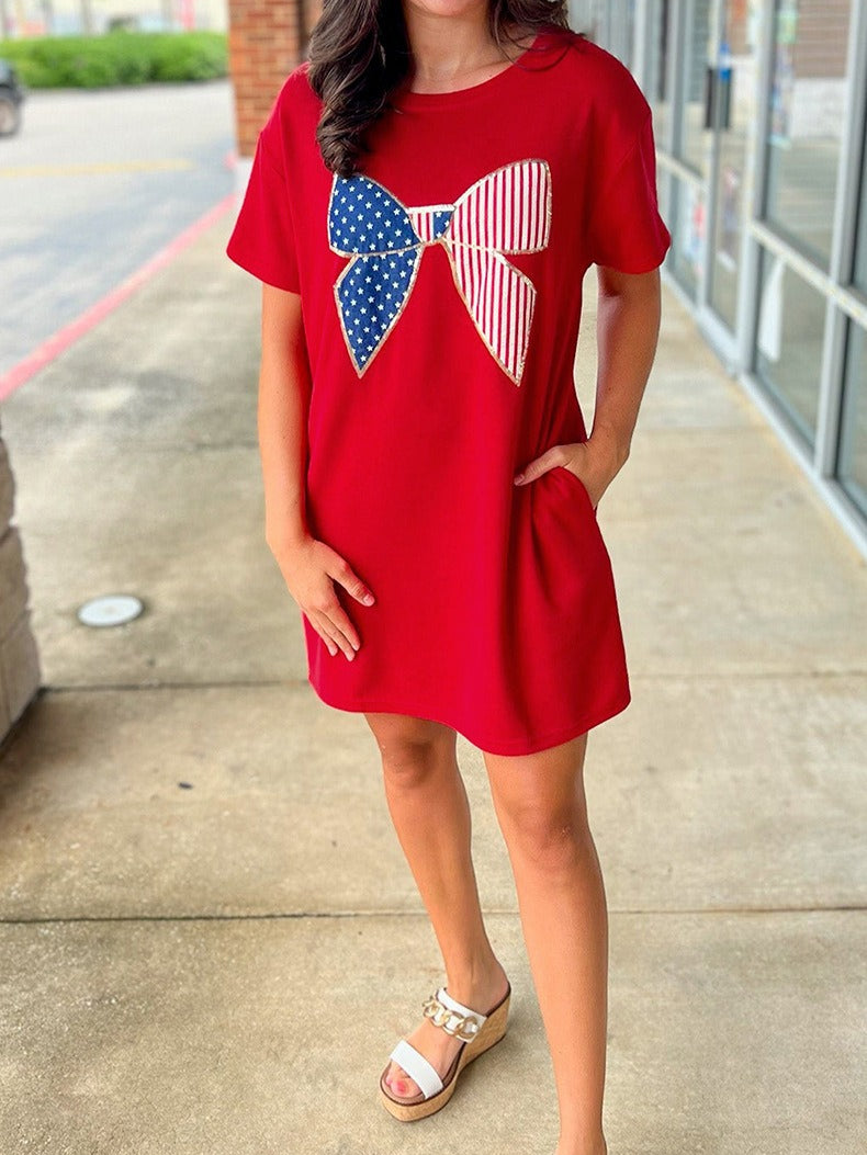 Red Butterfly Print Round Neck T-shirt Dress Women N6C336