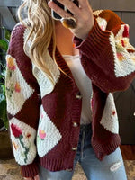 Load image into Gallery viewer, Color Block Floral Button Cardigan Lightweight Brown N5Z700
