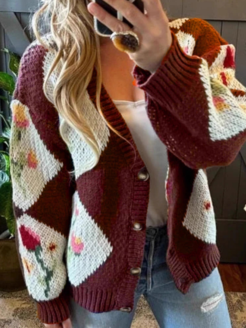 Color Block Floral Button Cardigan Lightweight Brown N5Z700