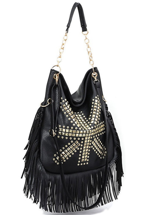 Soft Leather Rivet Fringe Tote Bag Women N6C221