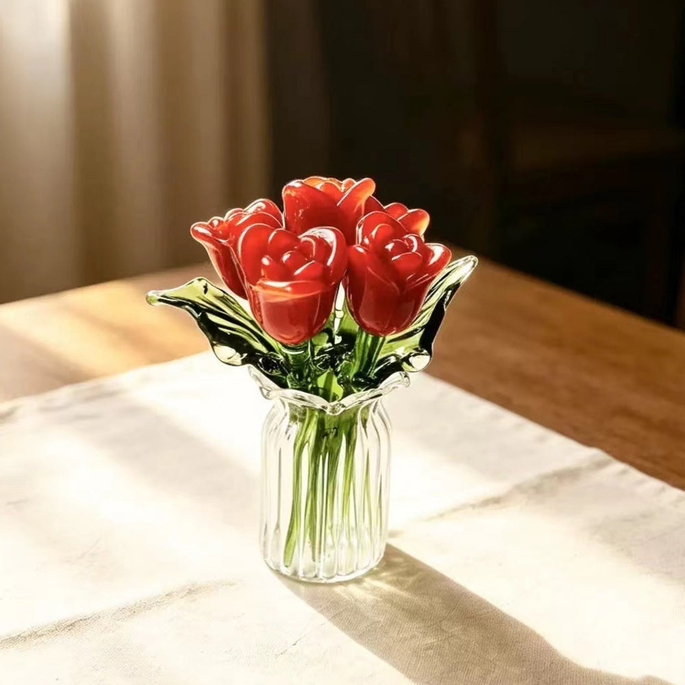 Handmade Glass Rose Tulip Bouquet Crystal Vase Decor N6G007