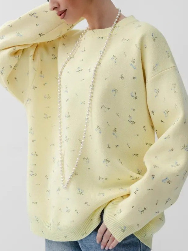 Floral Print Knit Pullover Round Neck Long Sleeve N6G145