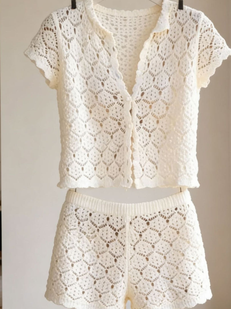 Openwork Knit Two-Piece Set V-Neck Vacation N6C330
