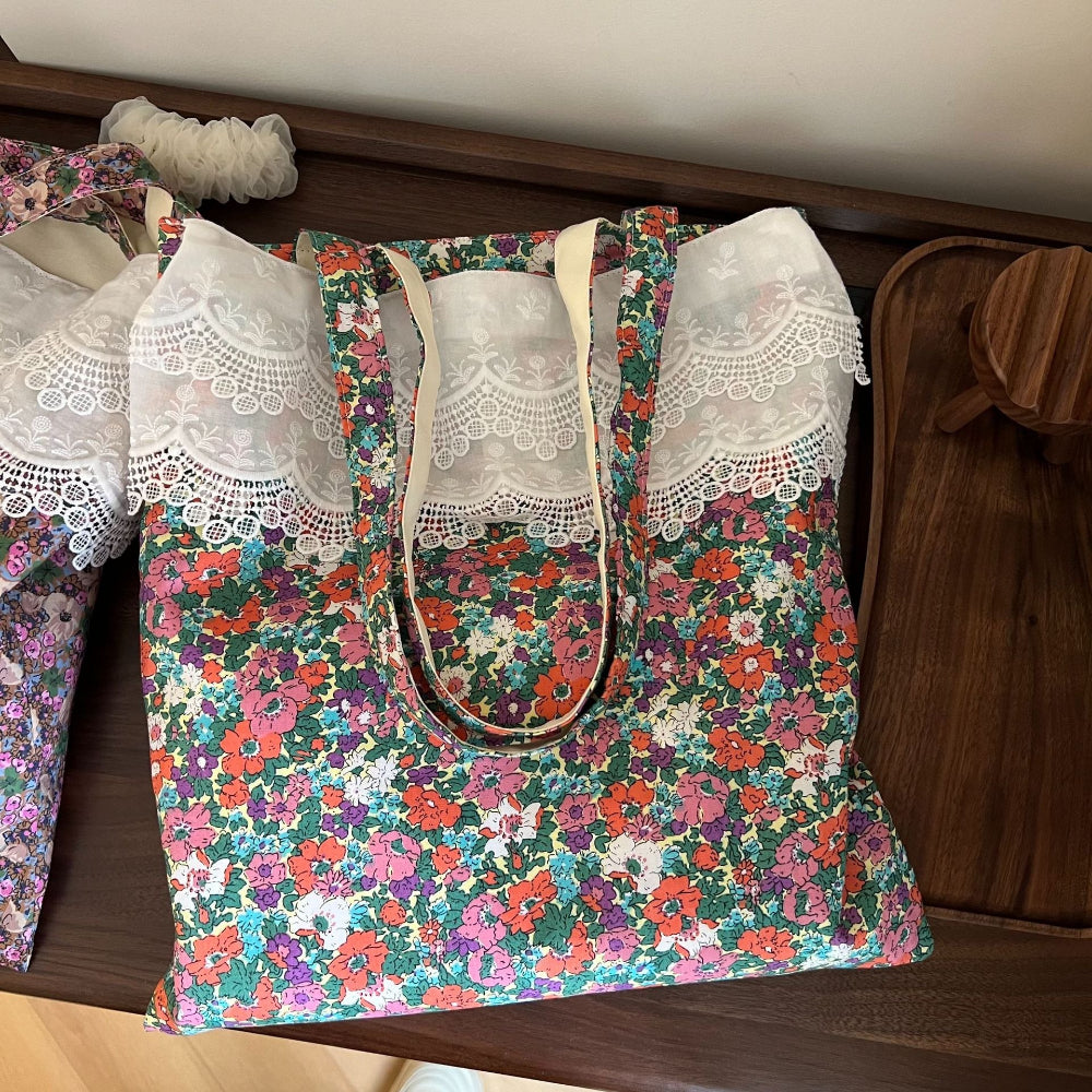 Floral Lace Trim Canvas Tote Bag Women Book Bag N6E036