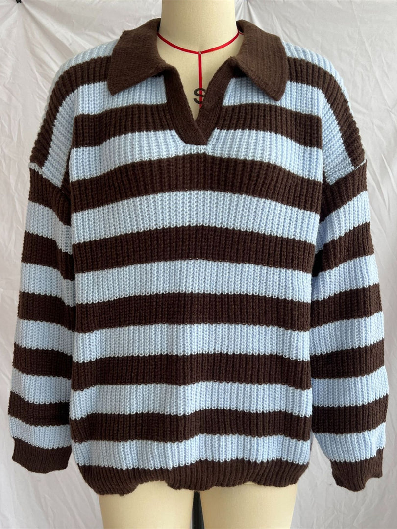 Color Block Striped Polo Collar Knit Pullover V-Neck N6G140