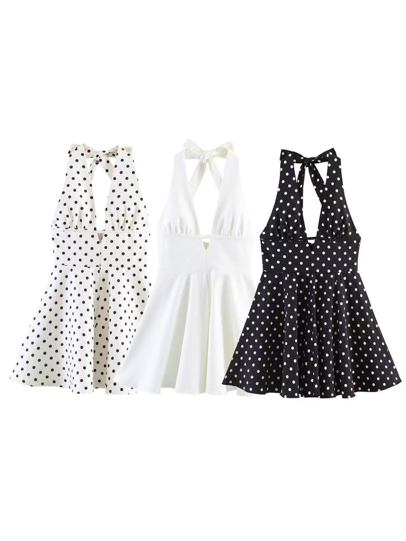 Polka Dot Halter Backless Dress Women Slim Fit N6F196