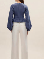 Load image into Gallery viewer, Soft V Neck Ruffle Shirt Women Navy Blouse N5A057