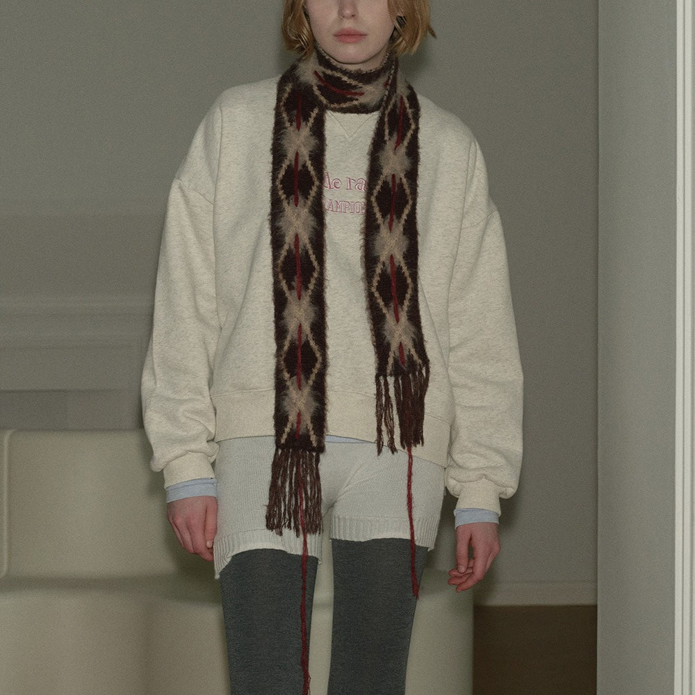 Hand-Threaded Diamond Knit Skinny Scarf Brushed Coffee N6H225