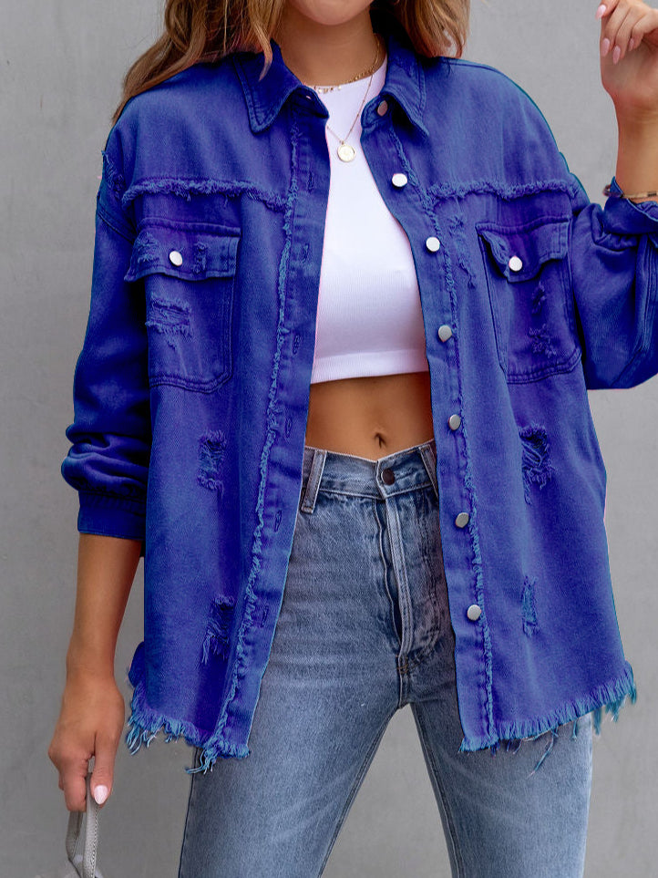 Distressed Denim Jacket Mid Length Raw Hem  N5Z166