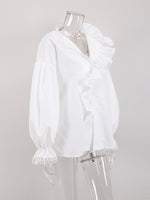Load image into Gallery viewer, V Neck Ruffle Lace Trim Blouse Women N6C134