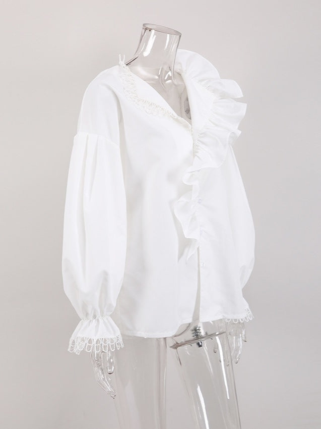 V Neck Ruffle Lace Trim Blouse Women N6C134