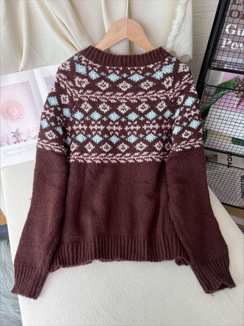 Oversized Drop Shoulder Retro Jacquard Knit Pullover N6G138