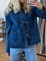 Load image into Gallery viewer, Utility Washed Denim Shirt Detachable Bow  N5Z326