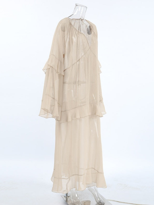 Sheer Sexy Chiffon Batwing Sleeve Maxi Dress Women N6D114