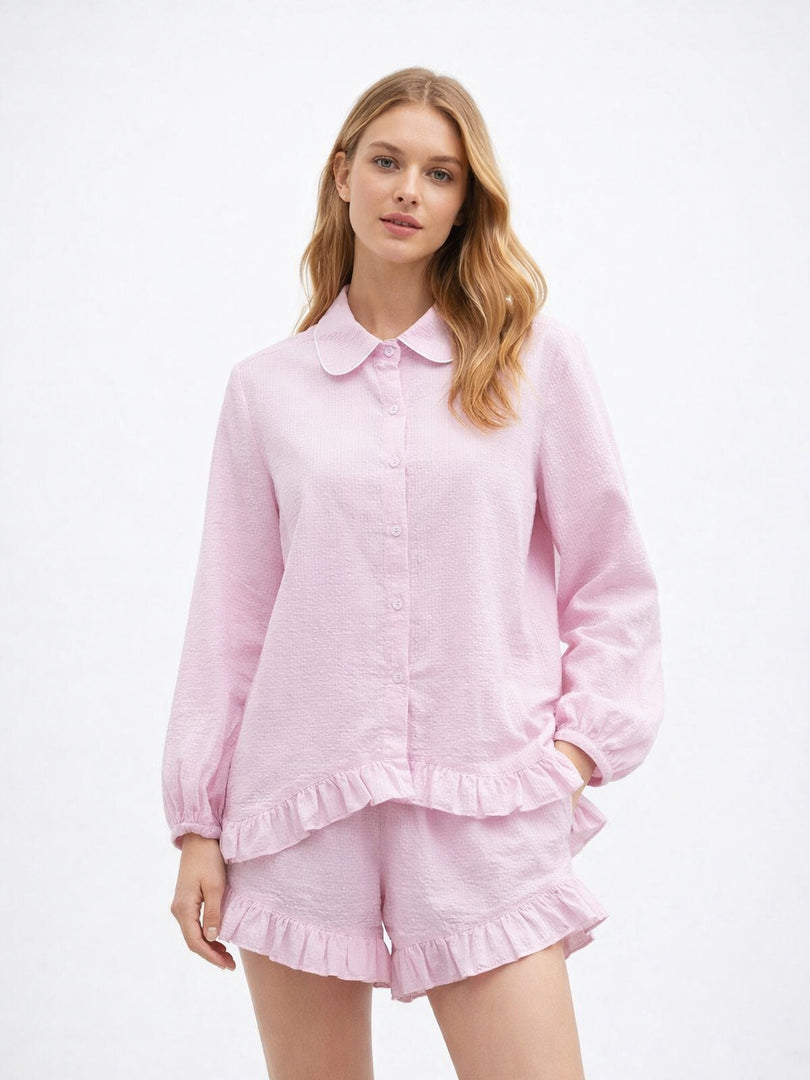 Striped Puff Sleeve Lapel Shirt and Shorts Set Women N6C188