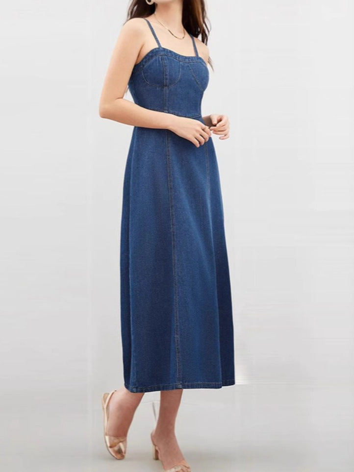Strapless Denim Dress with Linen Blend Light Blue N6C186