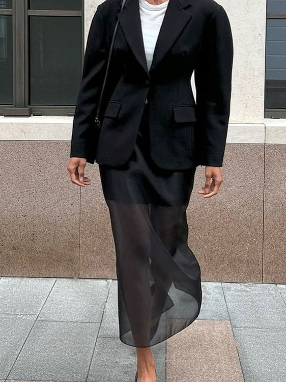 Double Layer Sheer Tulle Pencil Skirt High Waist Slit N6C195