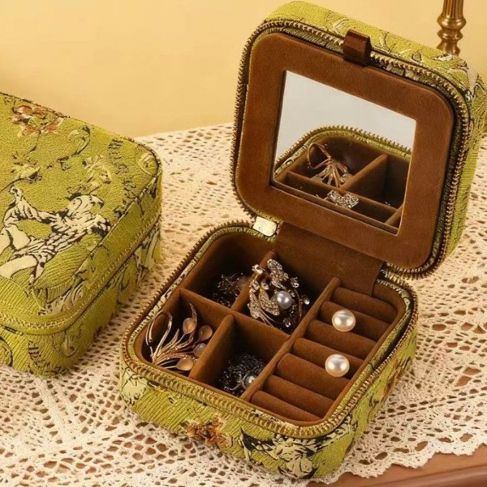 Jewelry Travel Organizer Pouch Green Gold Brocade N6E077