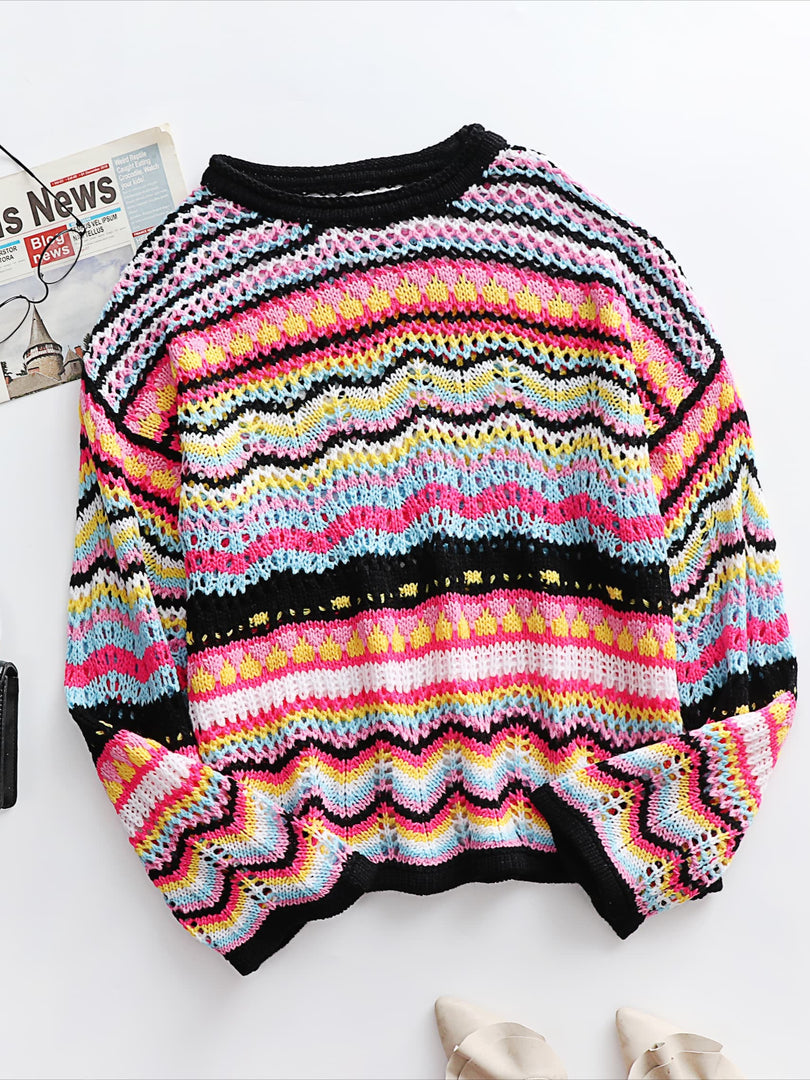 Striped Color-Block Loose Round Neck Pullover Sweater N6H303