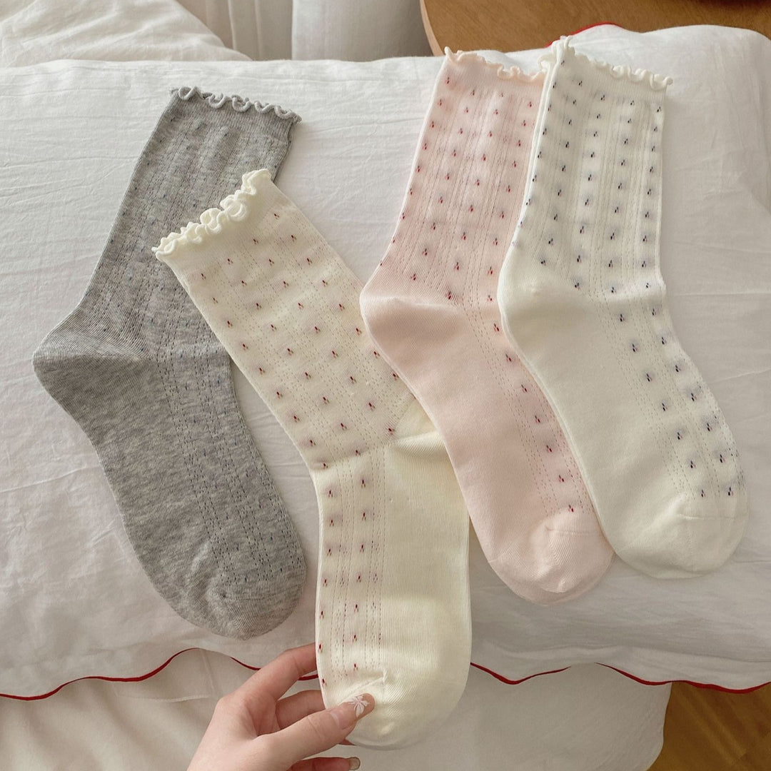 Diamond Grid Ruffle Trim Cotton Mid-Calf Socks Women N6H009