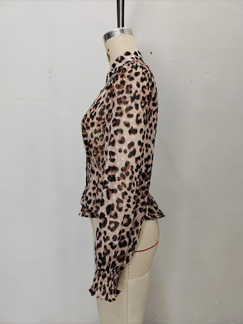 Leopard Print Bubble Sleeve Fitted Shirt Women N6C124
