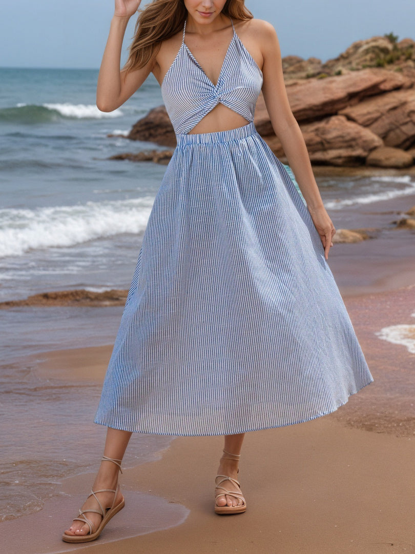 Stripe Open Back Tie Detail Slip Dress Women N6C248