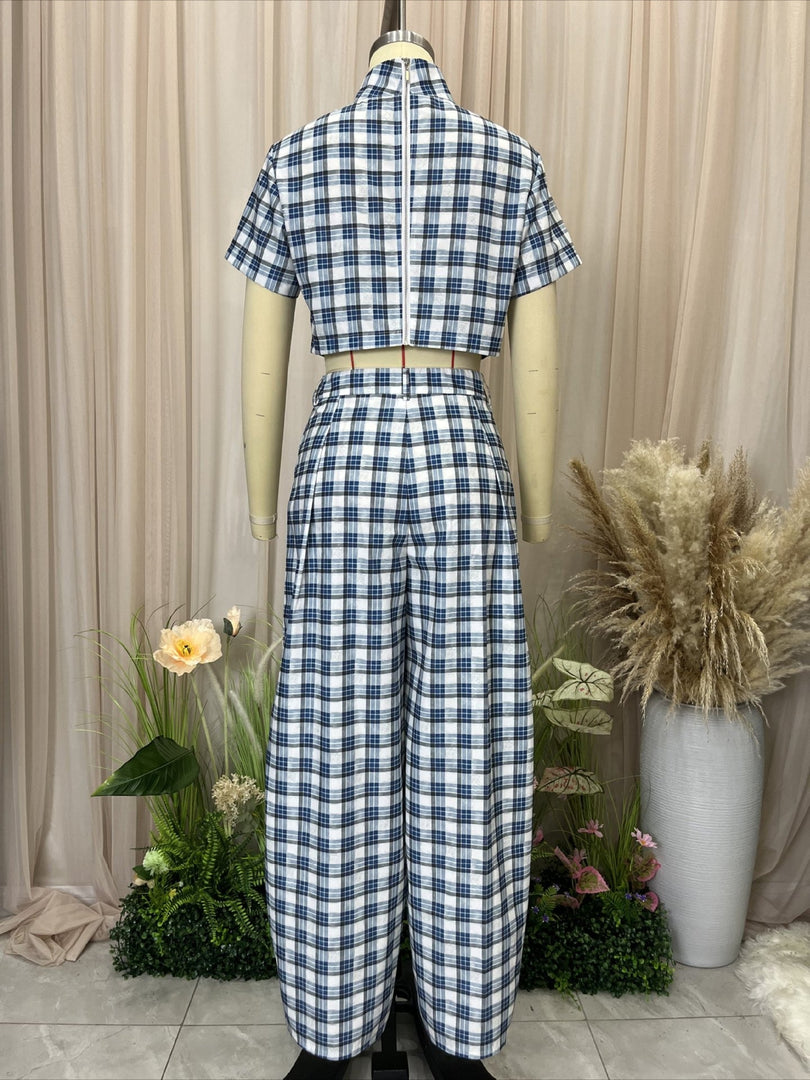 Check High Neck Crop Top and Wide Leg Pants Set  N6D105