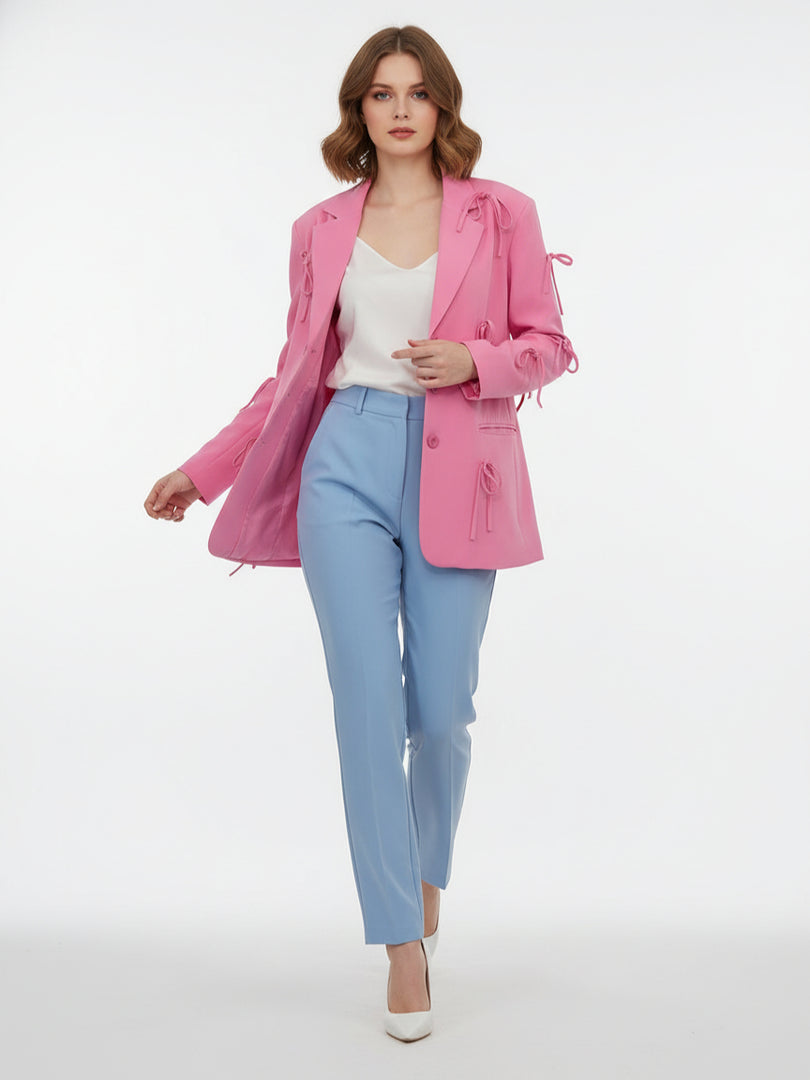 Bow Detail Pink Loose Blazer Women N6C193