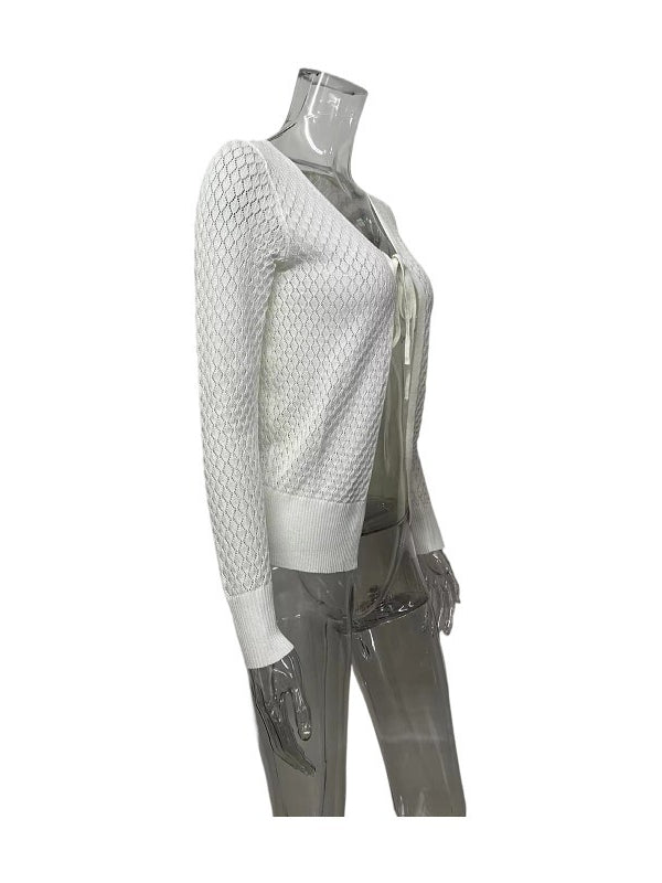 Lace Tie-Front V-Neck Knit Cardigan Women N6D076