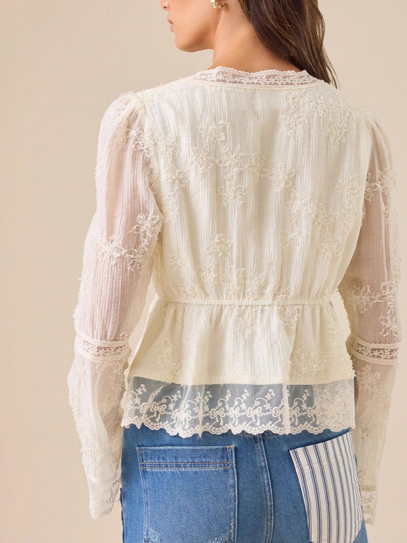 White V-Neck Lace Shirt Women N6C122