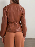 Load image into Gallery viewer, PU Drawstring Crop Coat Pleated Mid Weight Brown N5Z572